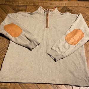 Orvis 1/4 zip with leather trim on collar and elbows size large